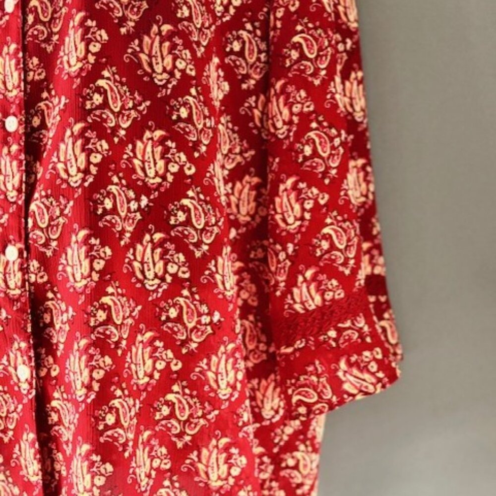 Liz Claiborne Woman 18W Red Paisley Button Front Lace Cuff Sleeve Blouse Boho - Picture 4 of 7